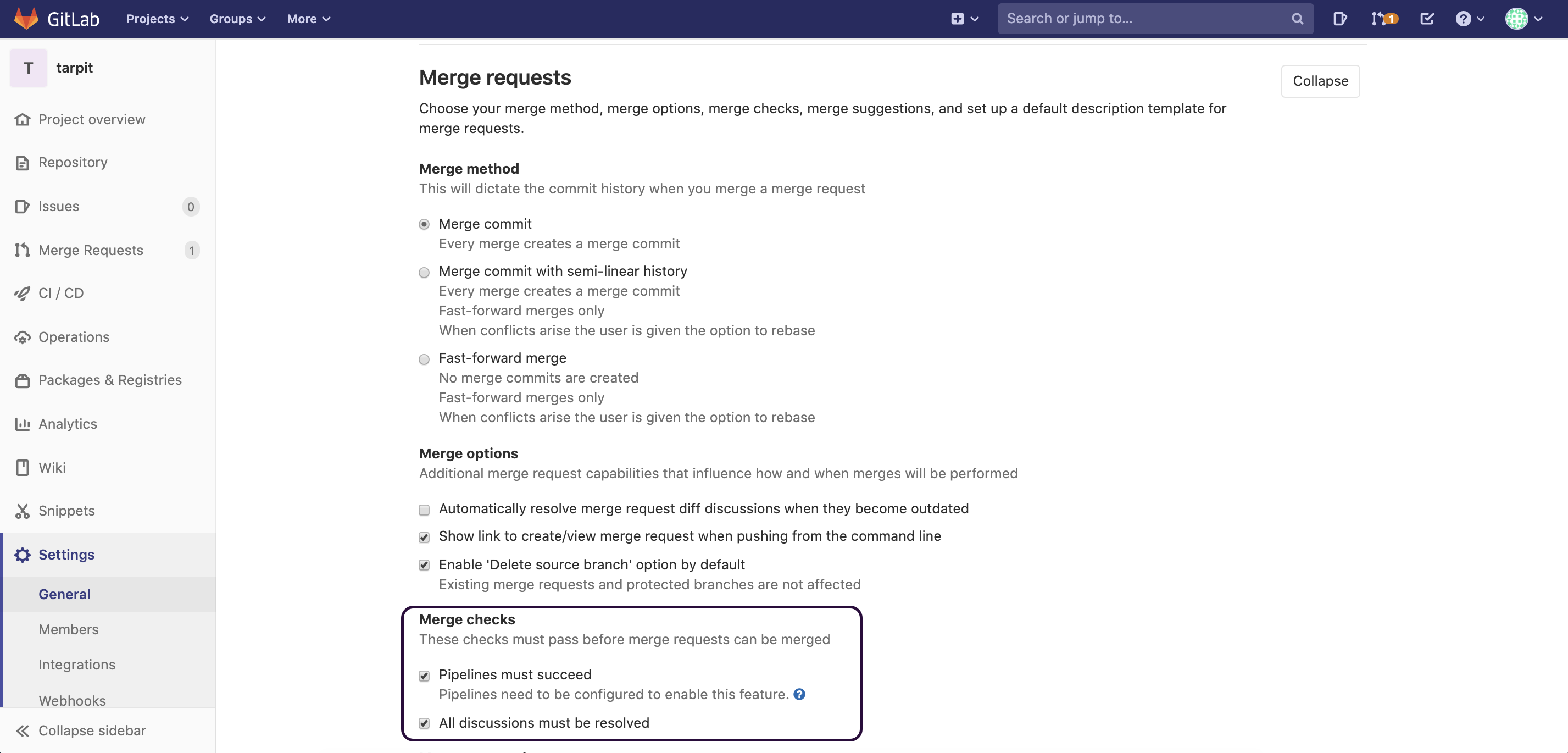 GitLab merge check settings