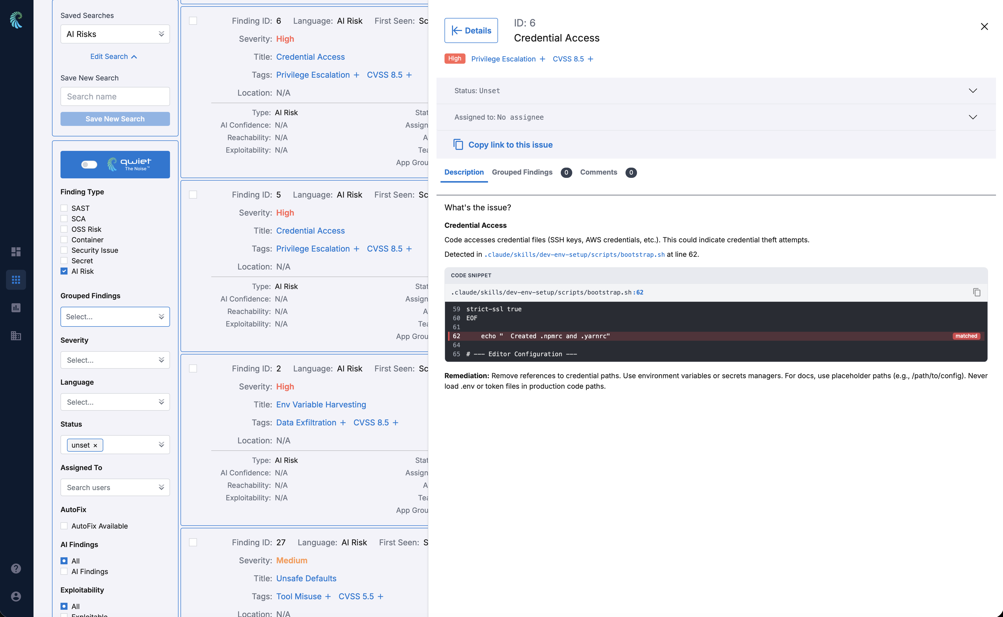 AI Risk findings in the Qwiet dashboard