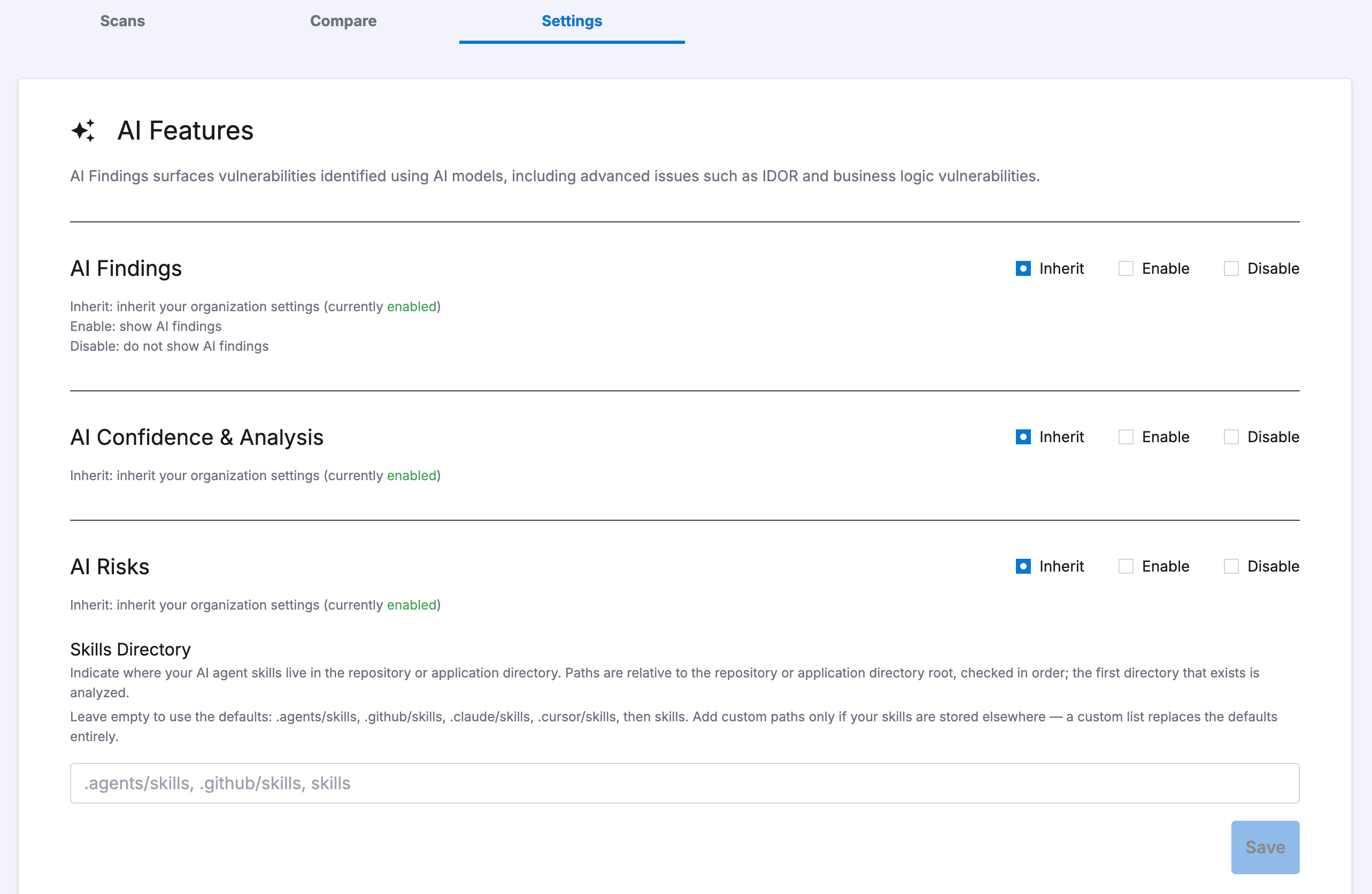 AI Risks application settings