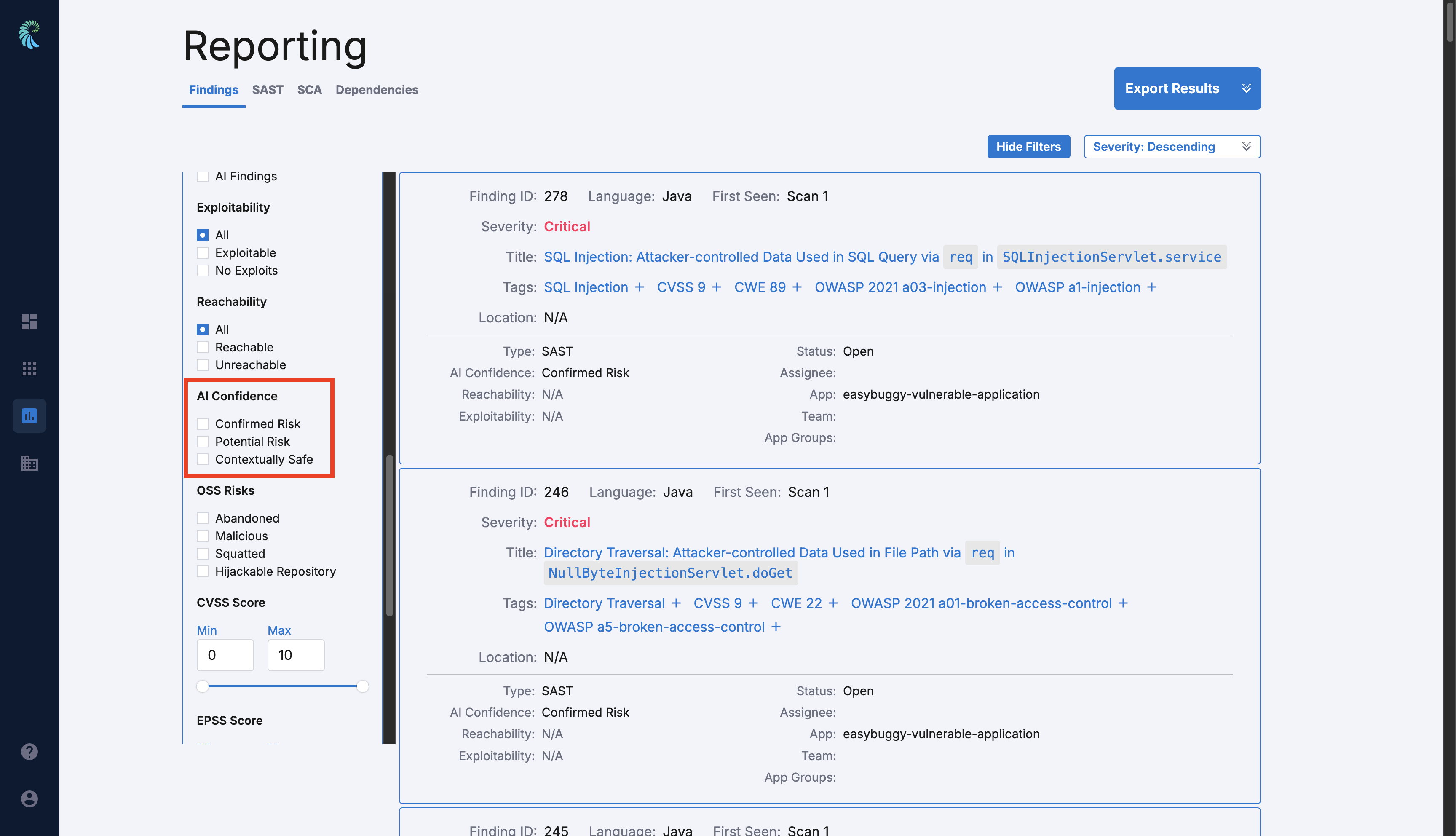 AI Confidence labels in findings list