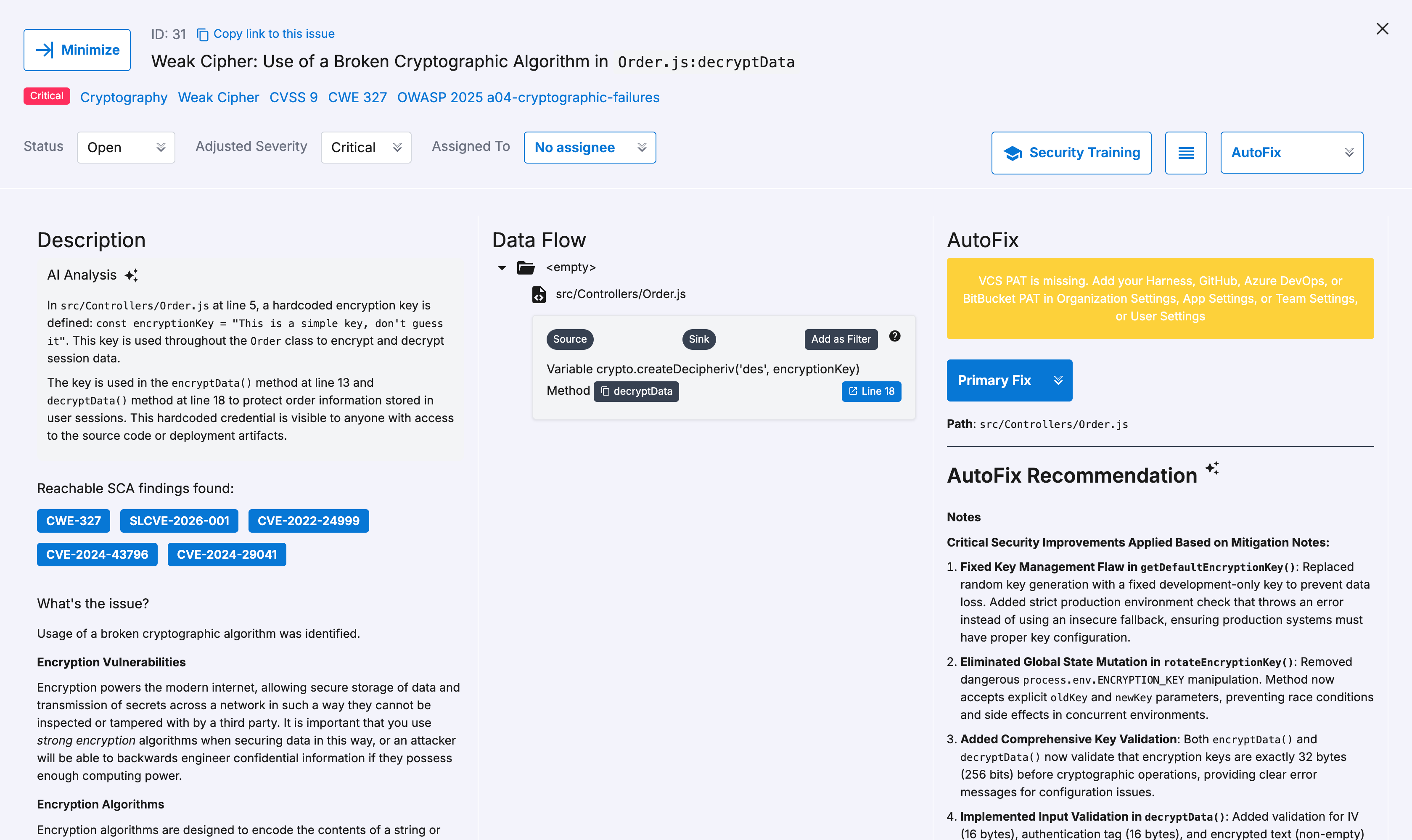 A view of the expanded findings tab for a specific vulnerability