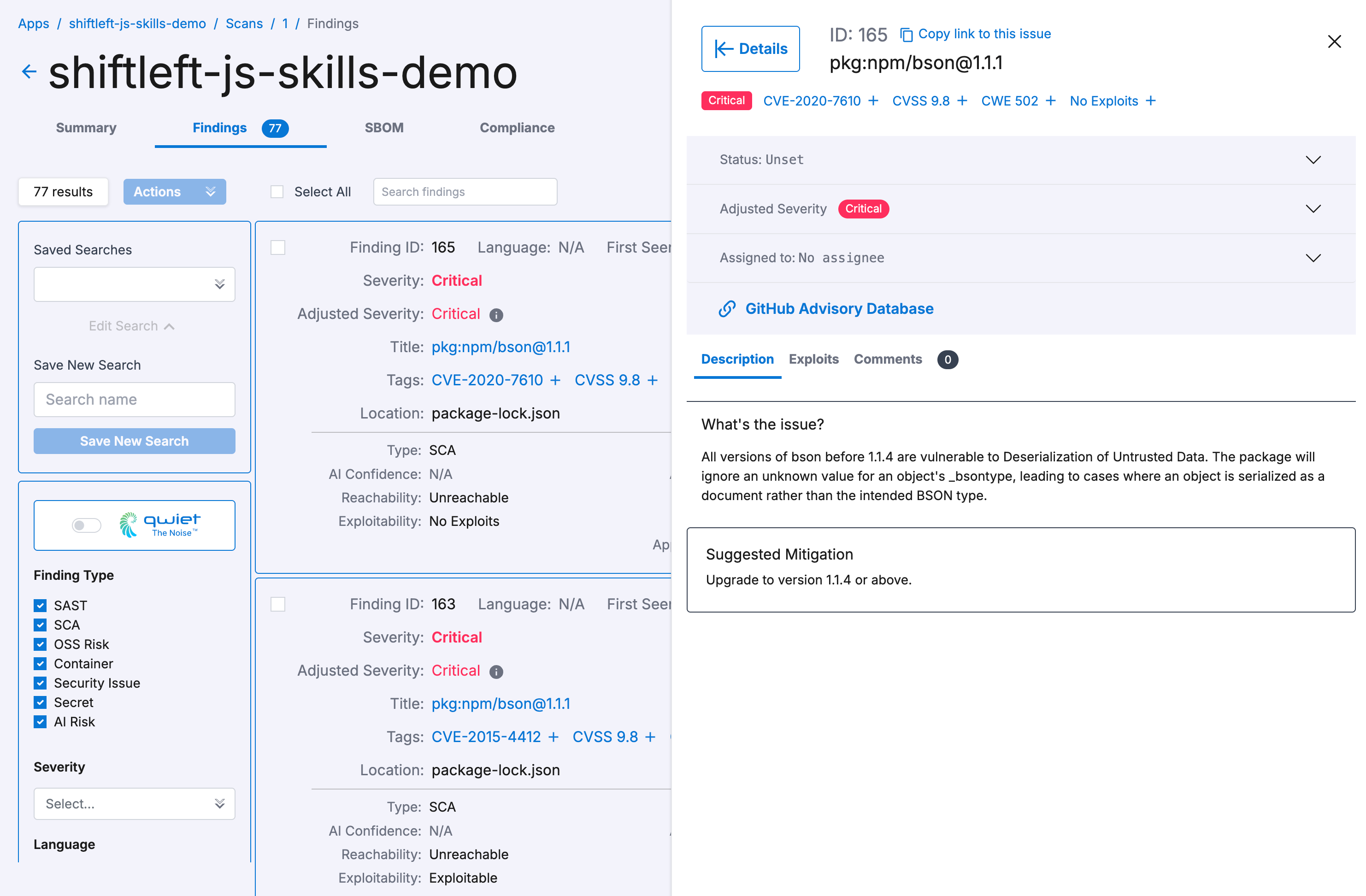 A view of the detailed findings tab for a specific vulnerability