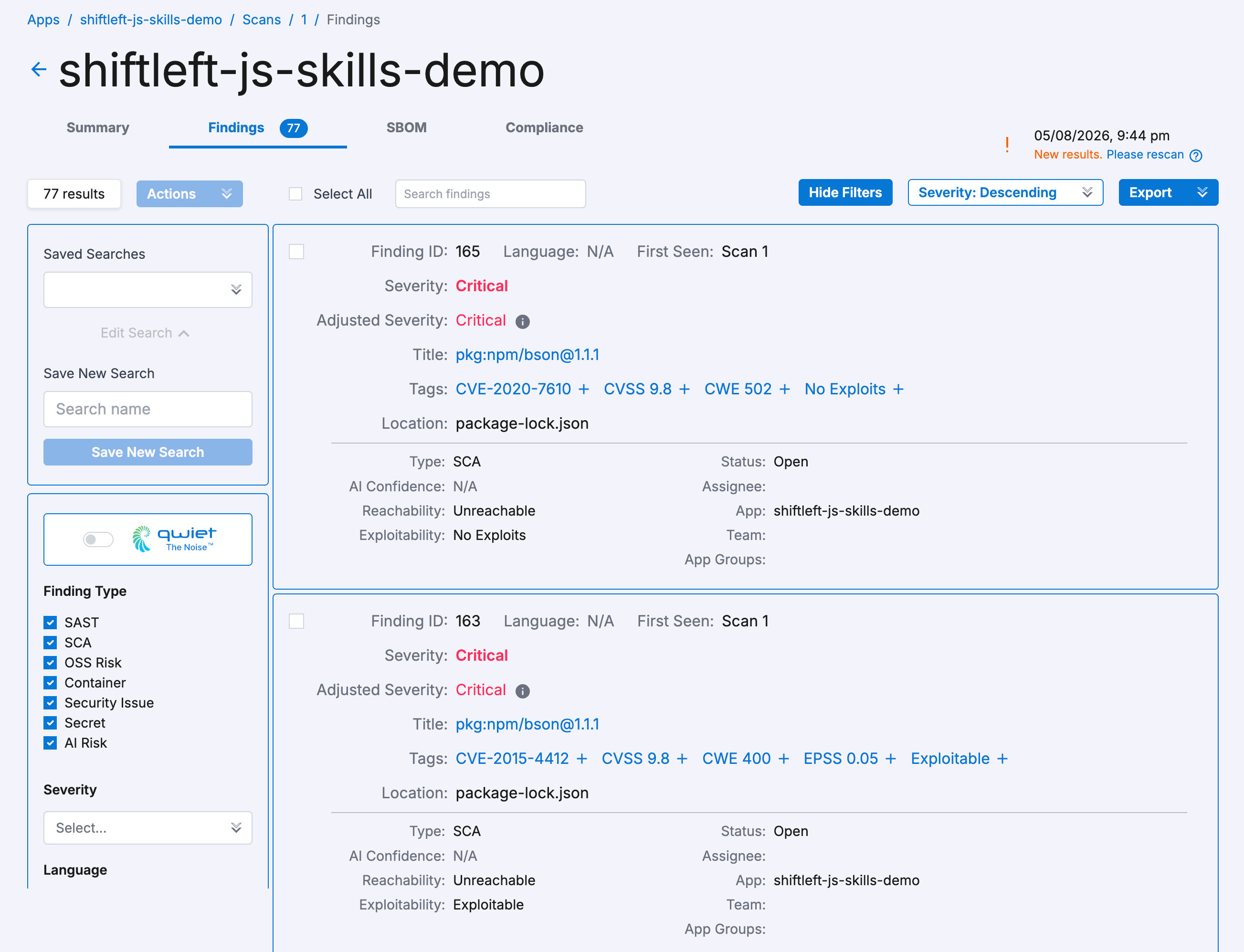 The Qwiet AI by Harness Findings tab