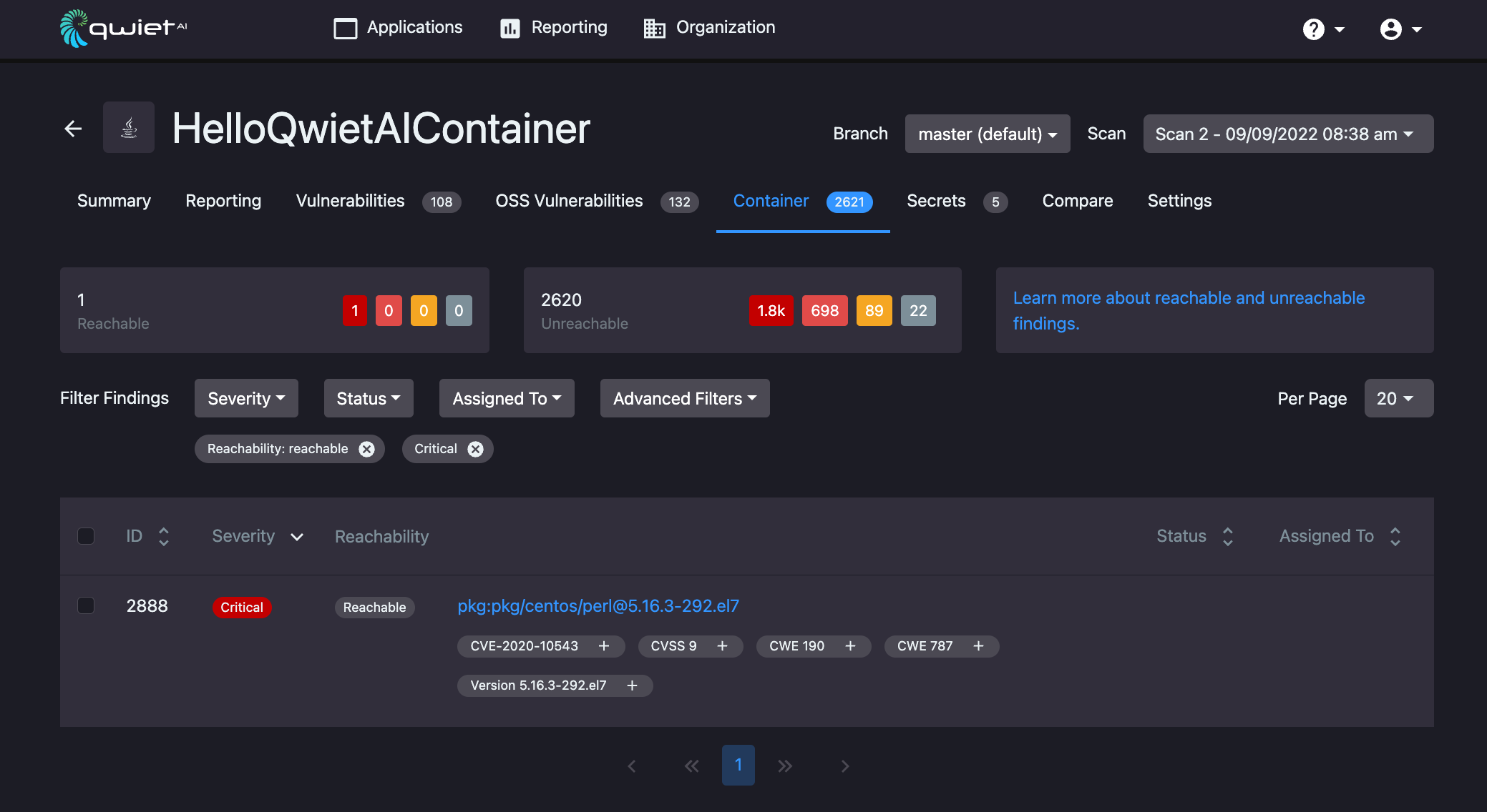 The ShiftLeft dashboard's Container tab