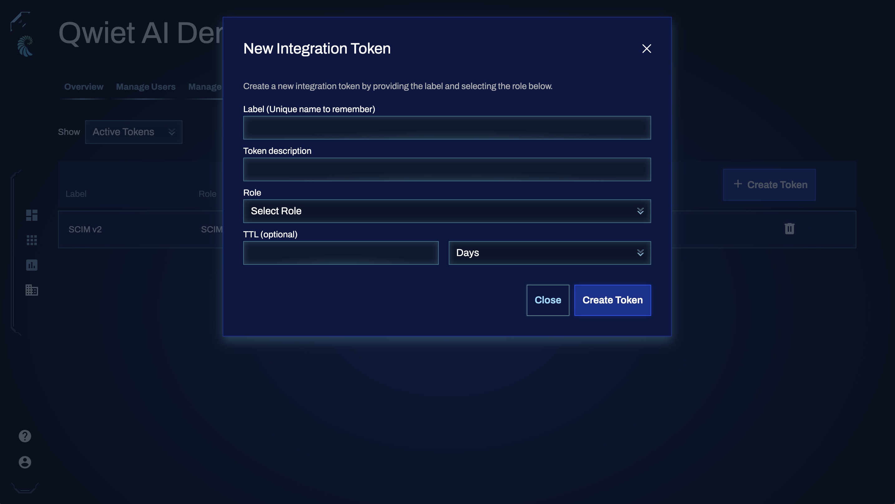 Screen showing the create new integration token modal