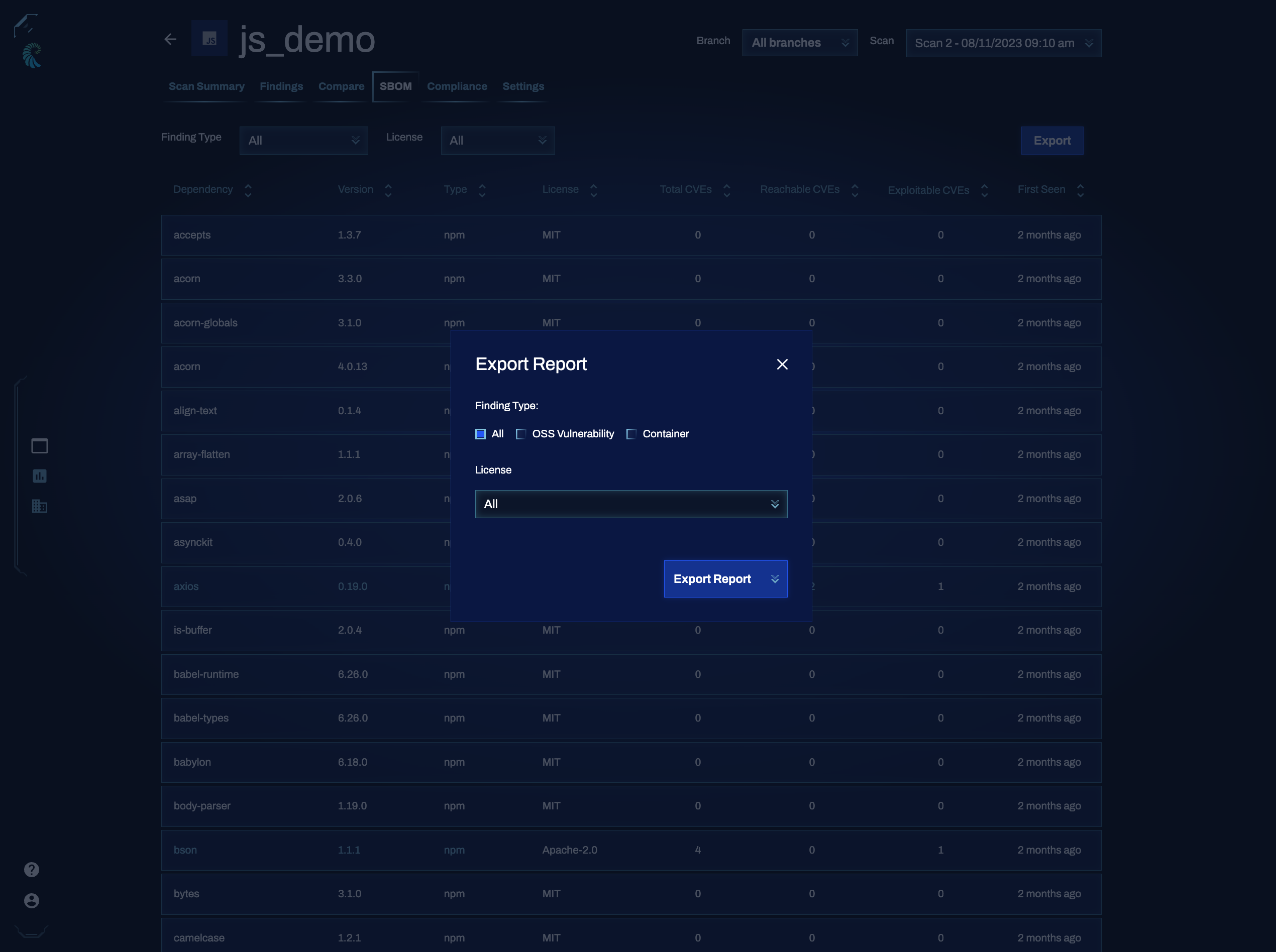 Dashboard screen showing the SBOM report export options