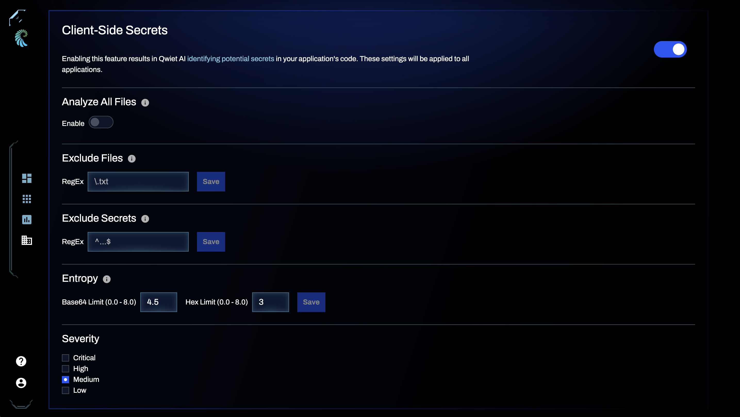 The Qwiet preZero's Organization Secrets page, Client-Side Secrets section