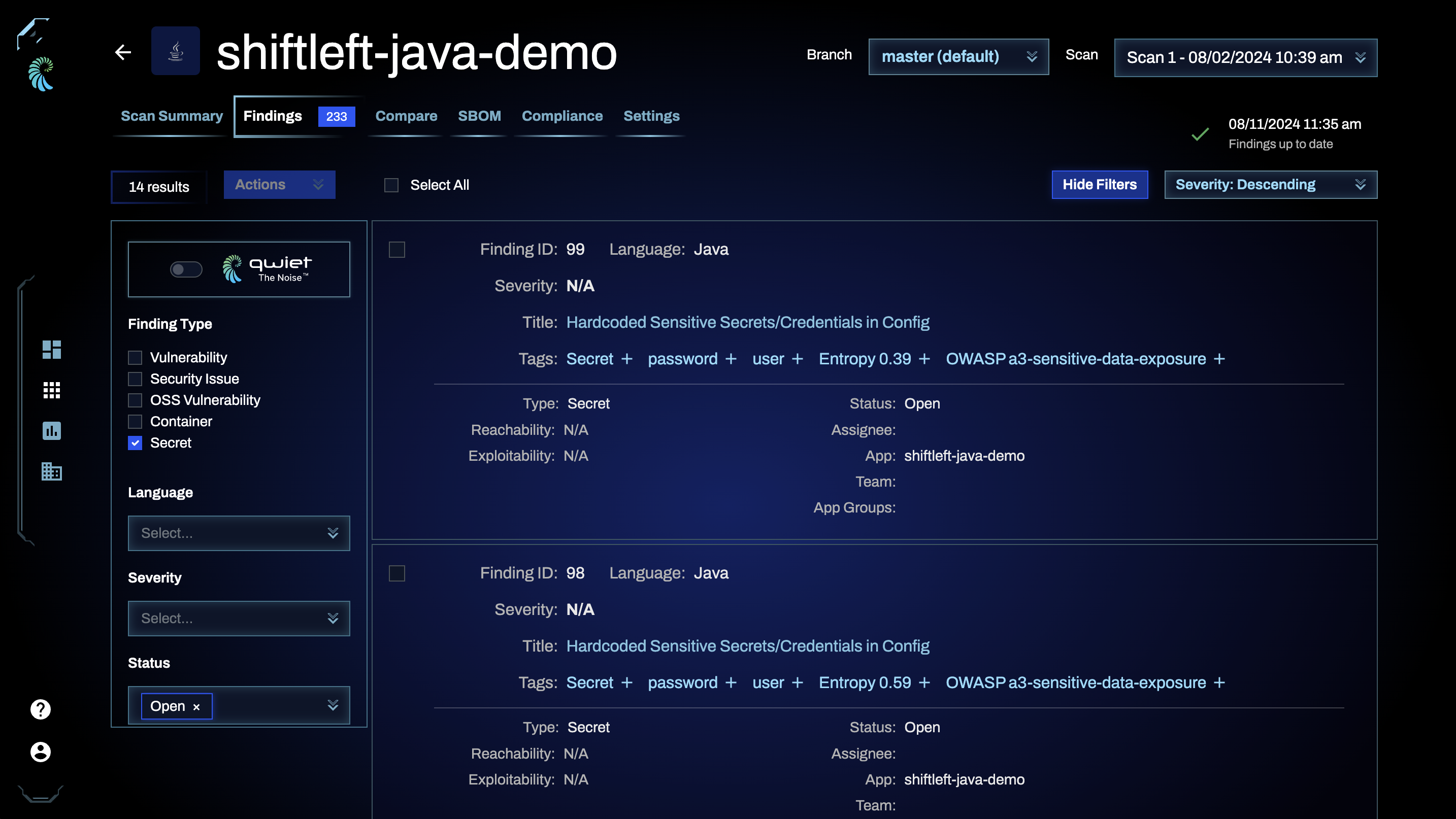 List of Identified Secrets in Qwiet's Dashboard