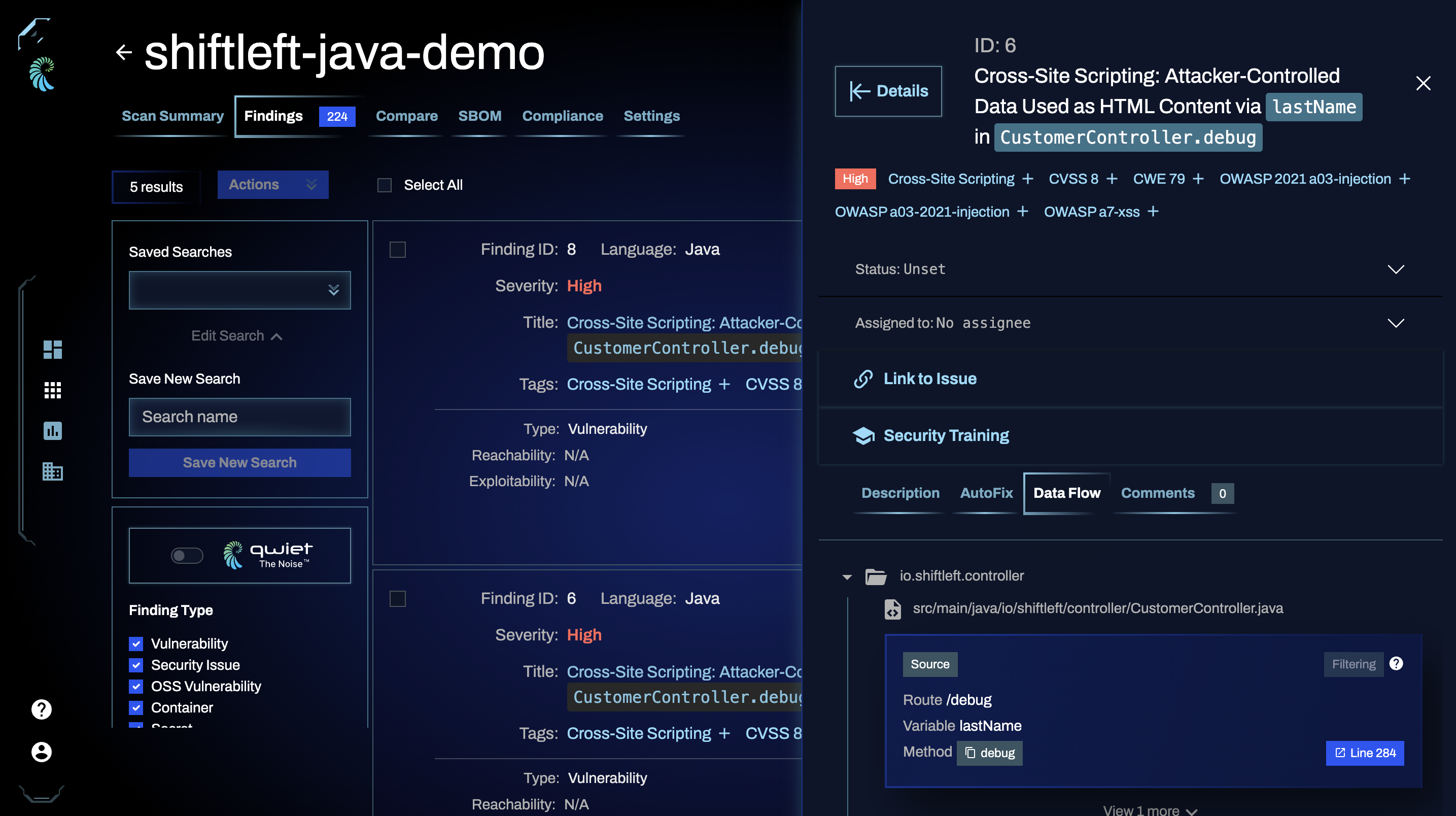 Filtered vulnerabilities by sources/sinks