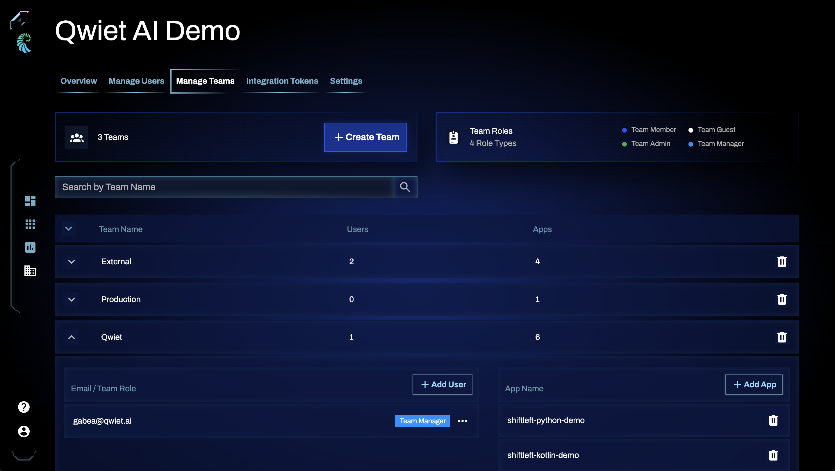 A view of the dashboard's Manage Teams page for a specific team