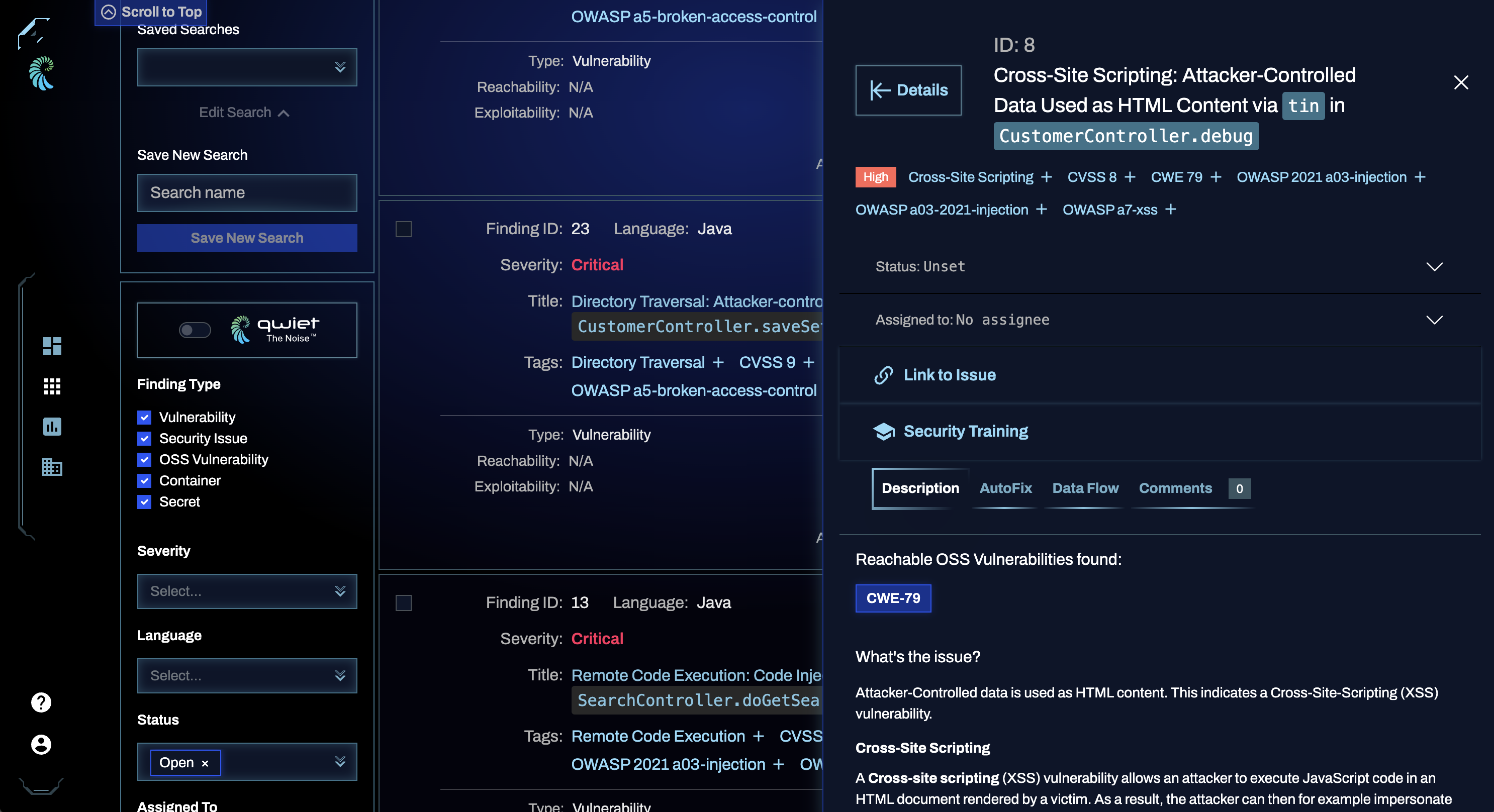 A view of the detailed findings tab for a specific vulnerability