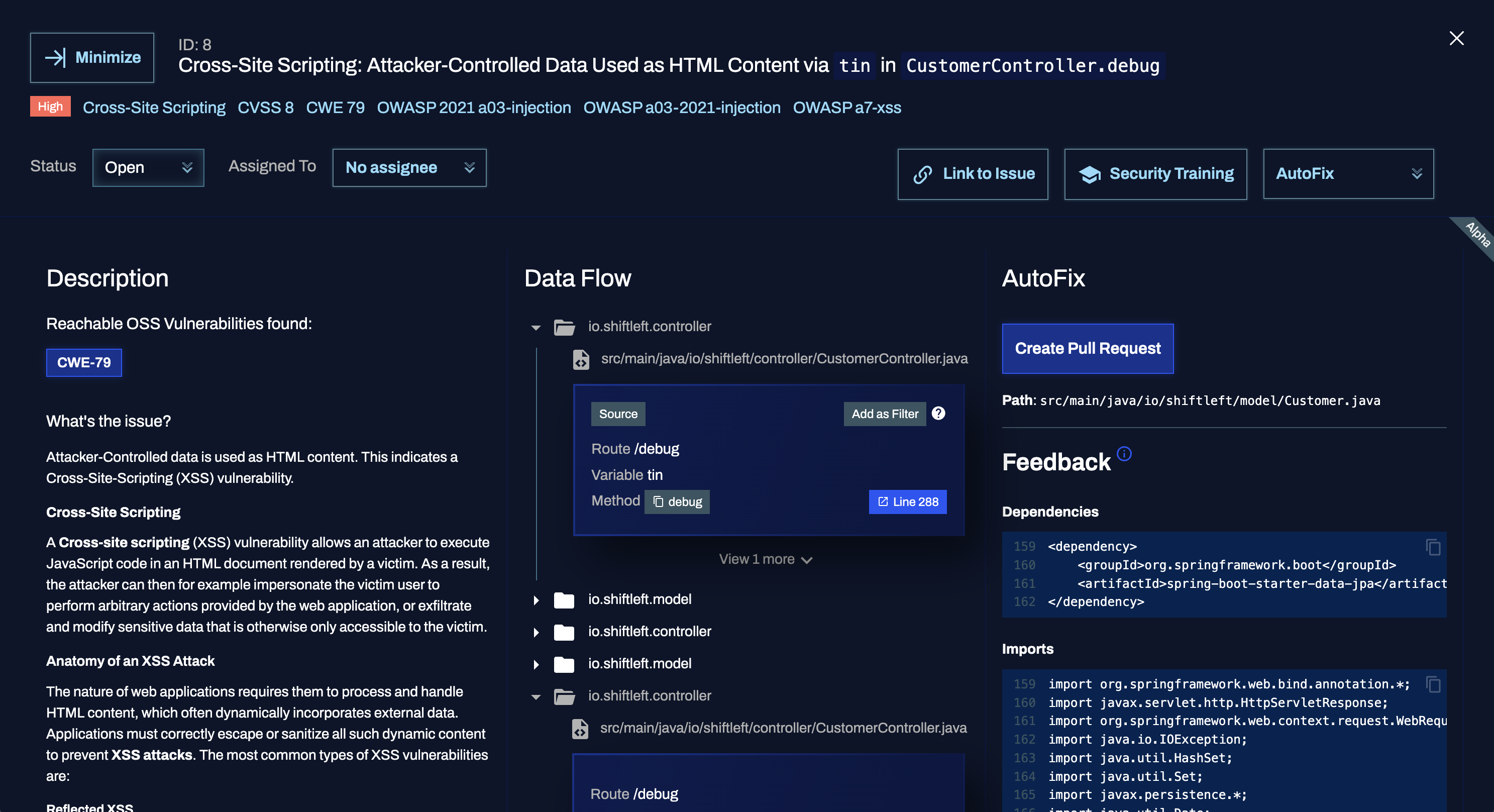 A view of the expanded findings tab for a specific vulnerability