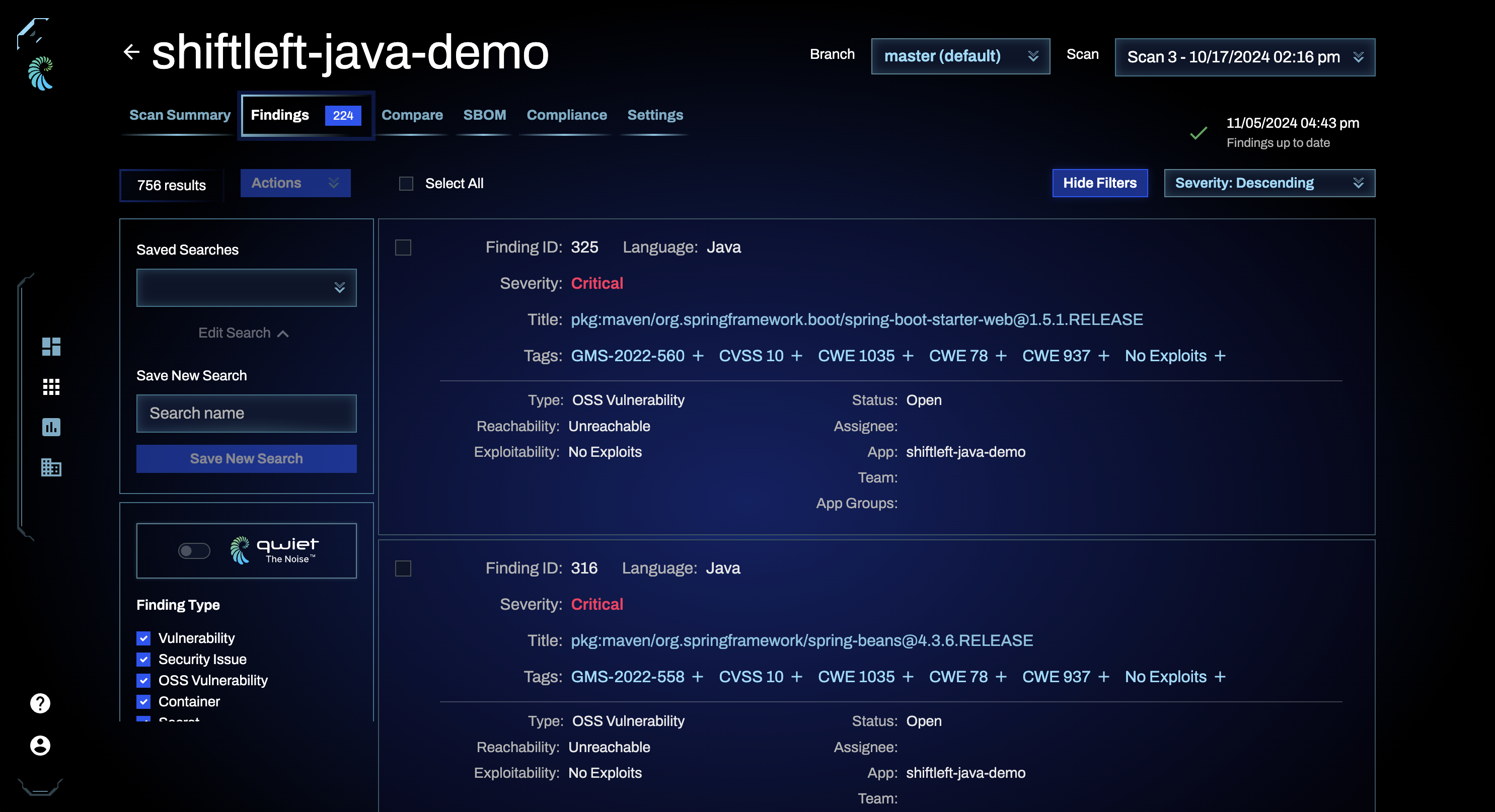 The Qwiet dashboard's Vulnerabilities tab