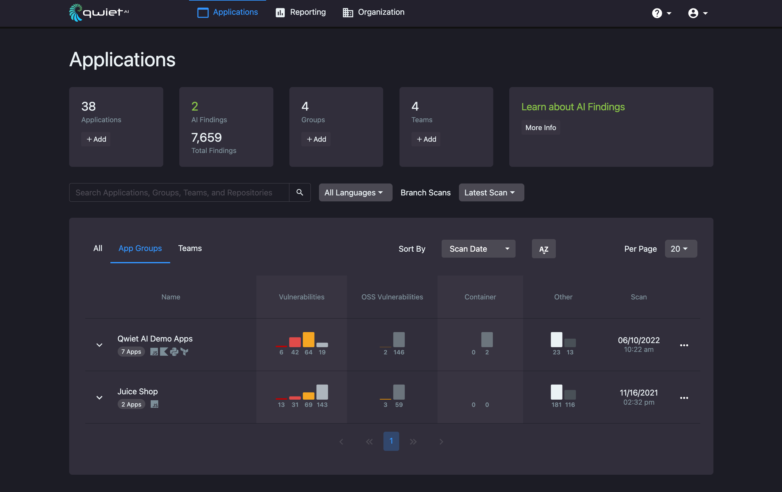 A view of three app groups in the dashboard