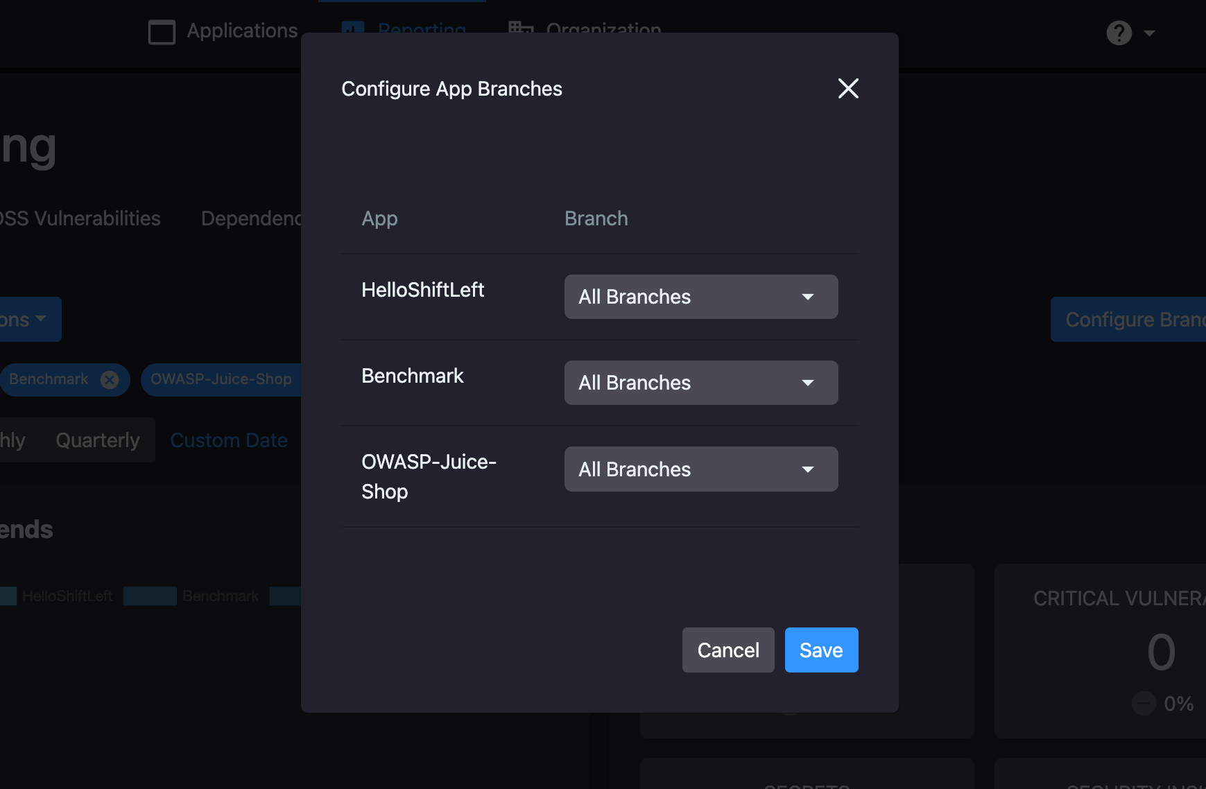 The Qwiet dashboard's configure app branch dialog