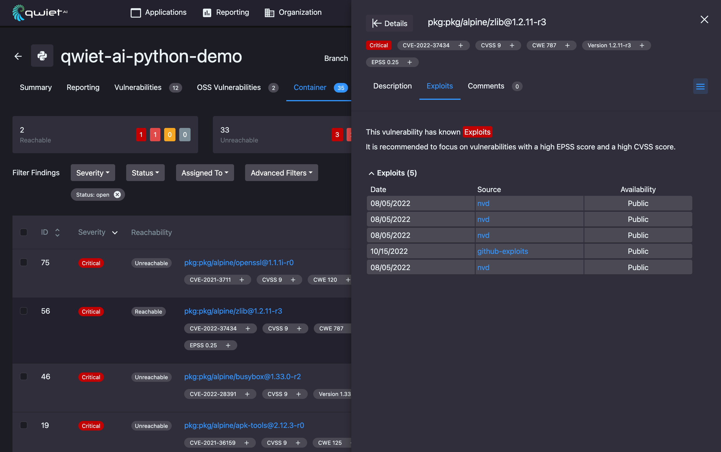 A view of the exploits tab for a specific container OSS vulnerability