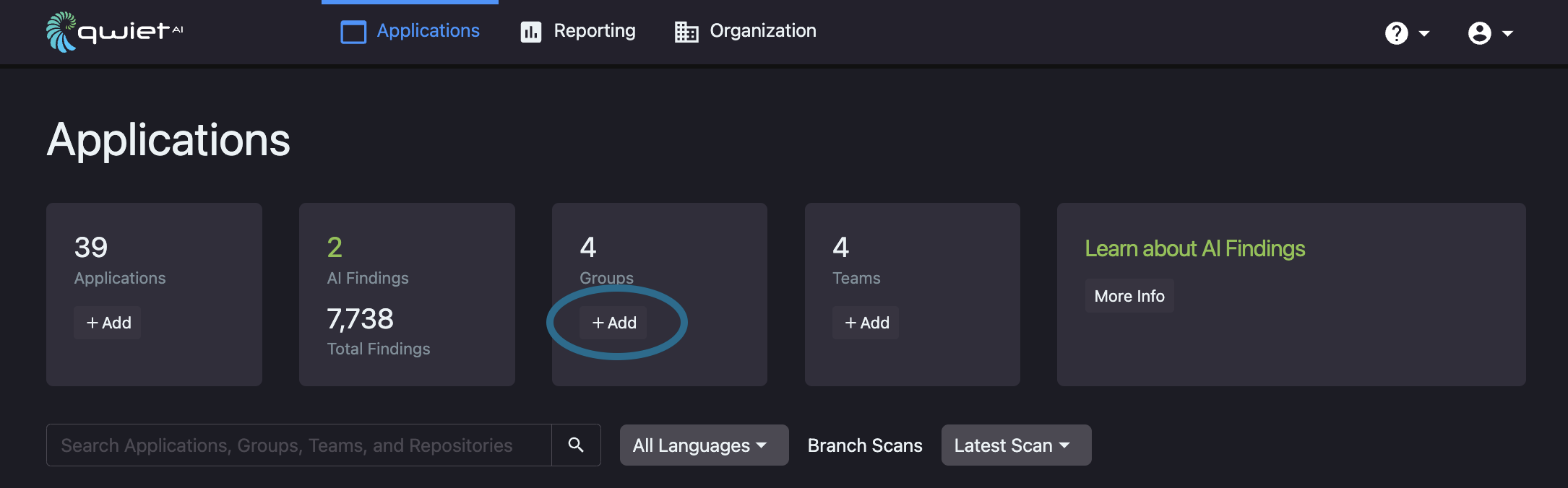 A view of where to click to add an app group