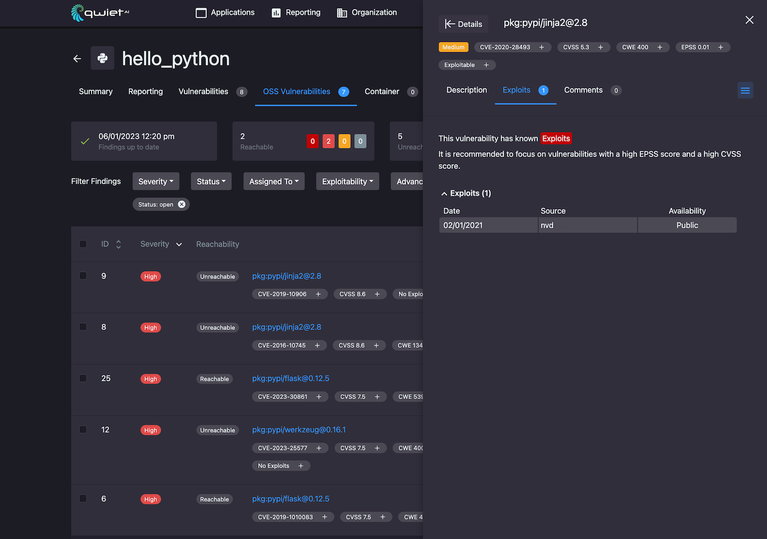 A view of the exploits tab for a specific OSS vulnerability