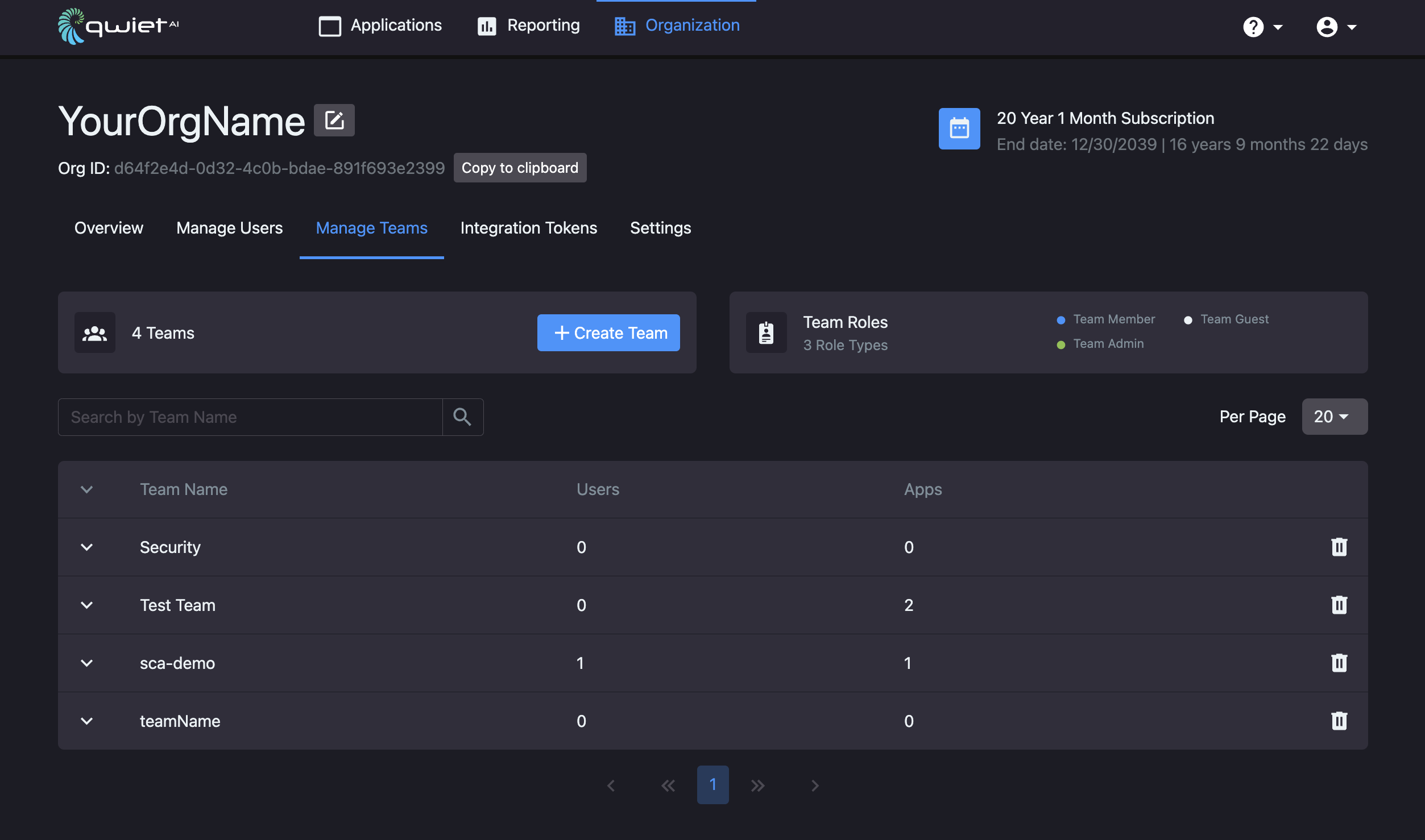 A view of the dashboard's Manage Teams page