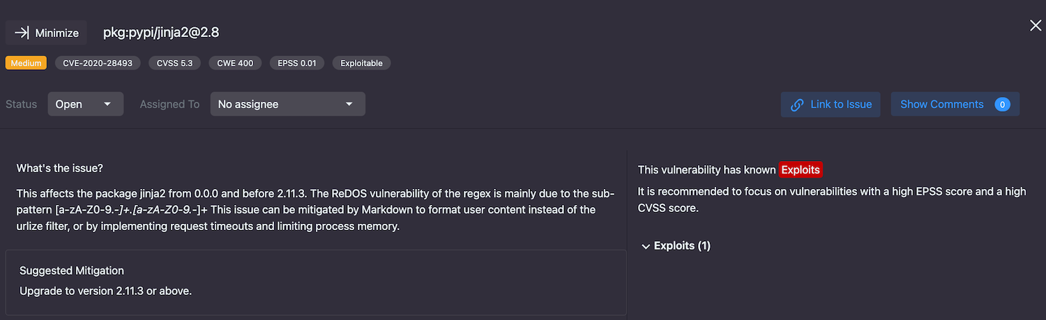 A view of the expanded findings tab for a specific OSS vulnerability