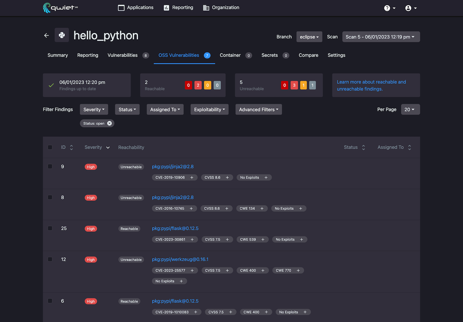 The Qwiet dashboard's OSS Vulnerabilities tab