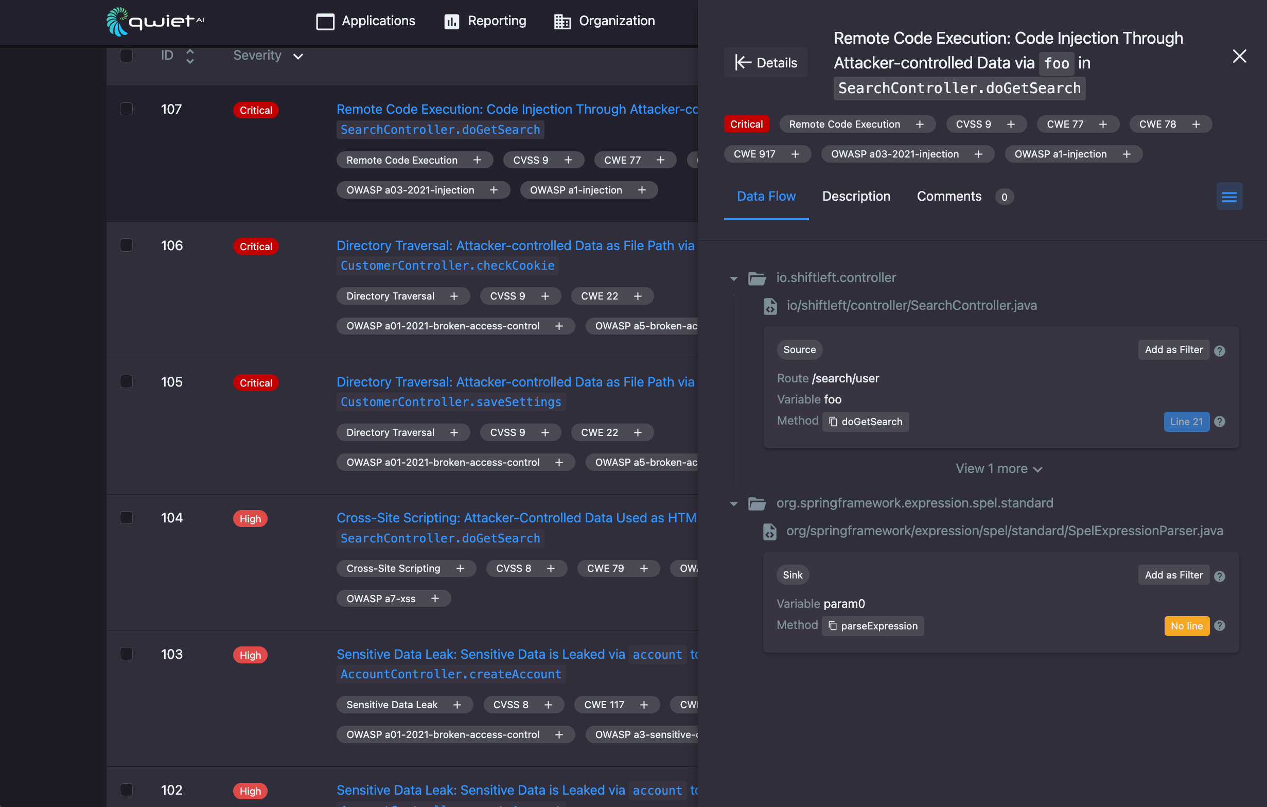 A view of the detailed findings tab for a specific vulnerability