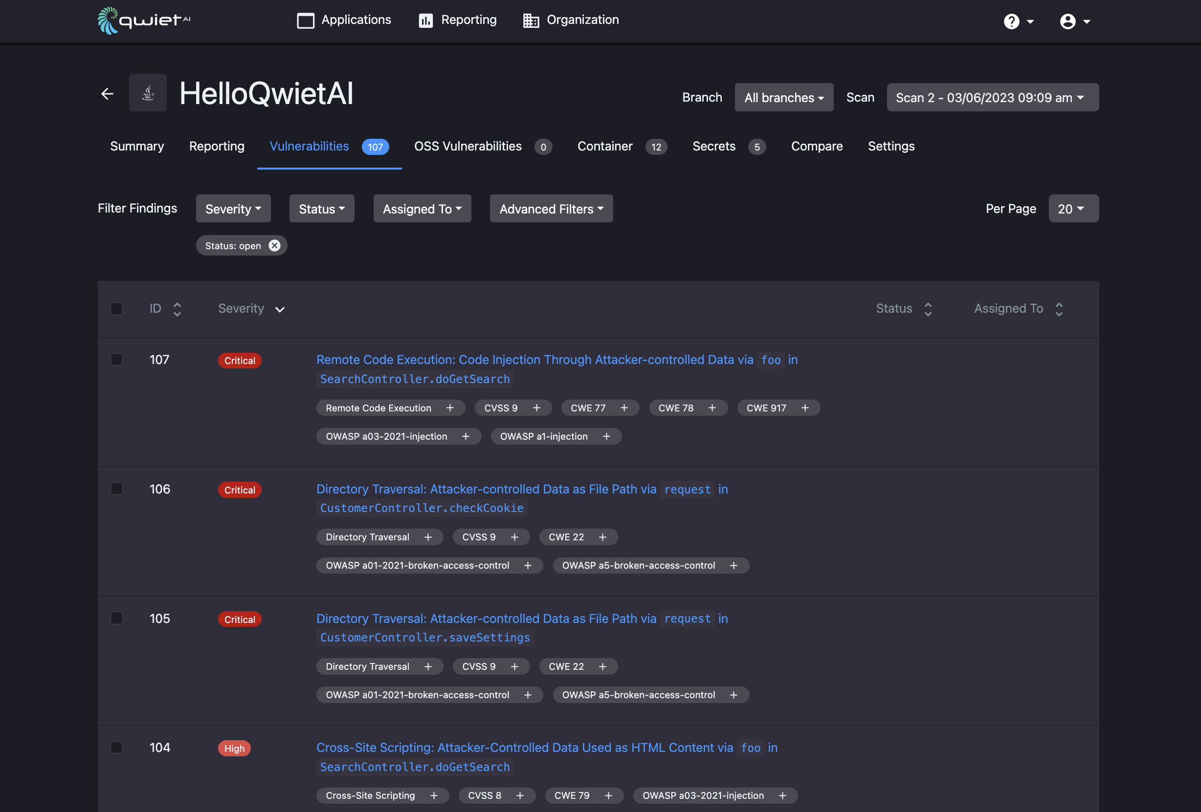 The Qwiet dashboard's Vulnerabilities tab
