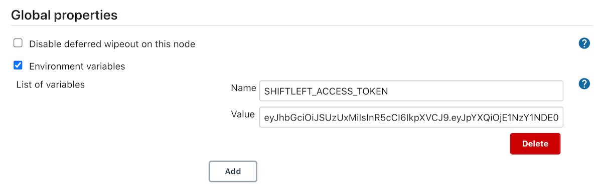 Adding Jenkins environment variables for ShiftLeft authentication