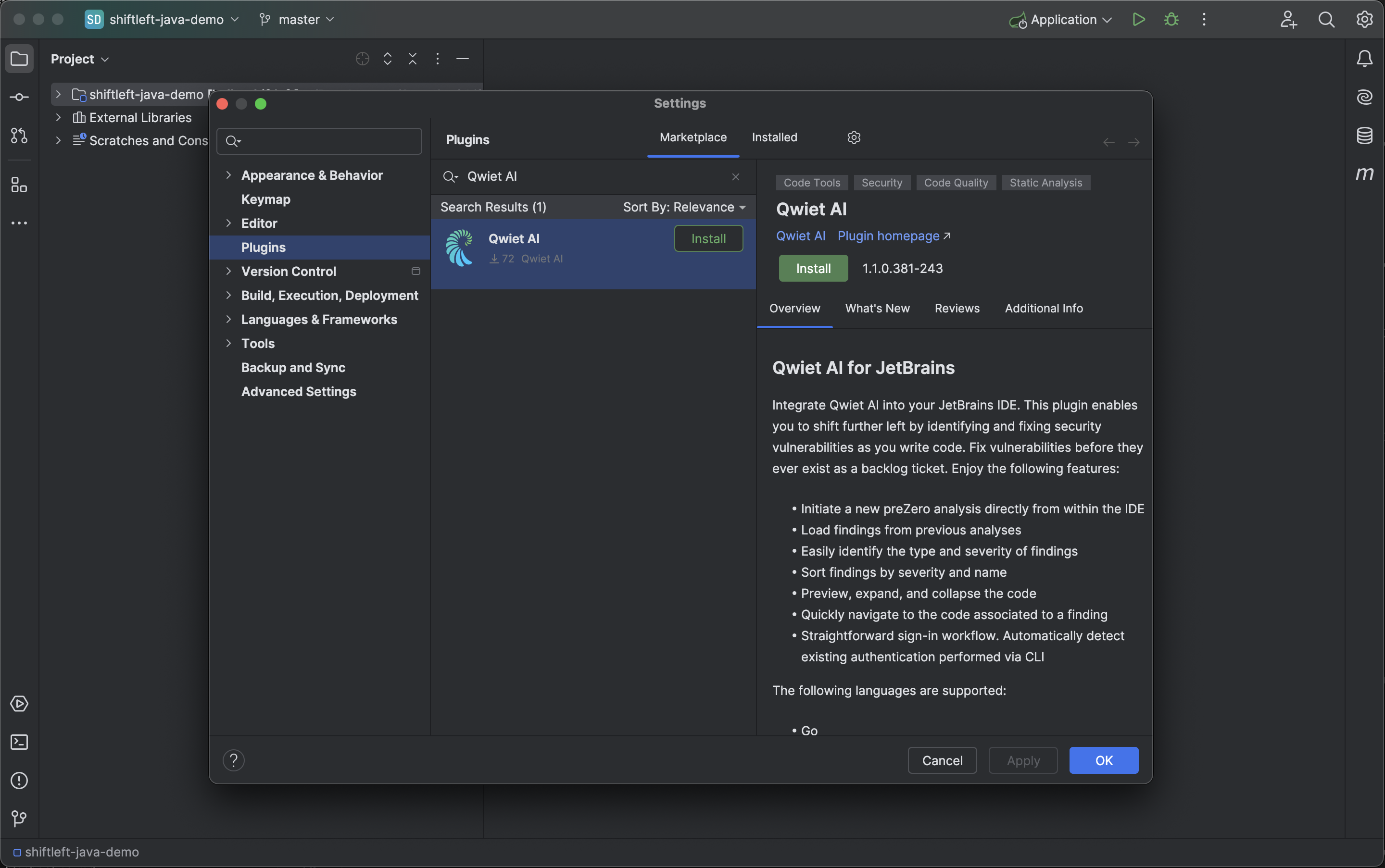 Installing the Qwiet AI plugin via the JetBrains Marketplace tab