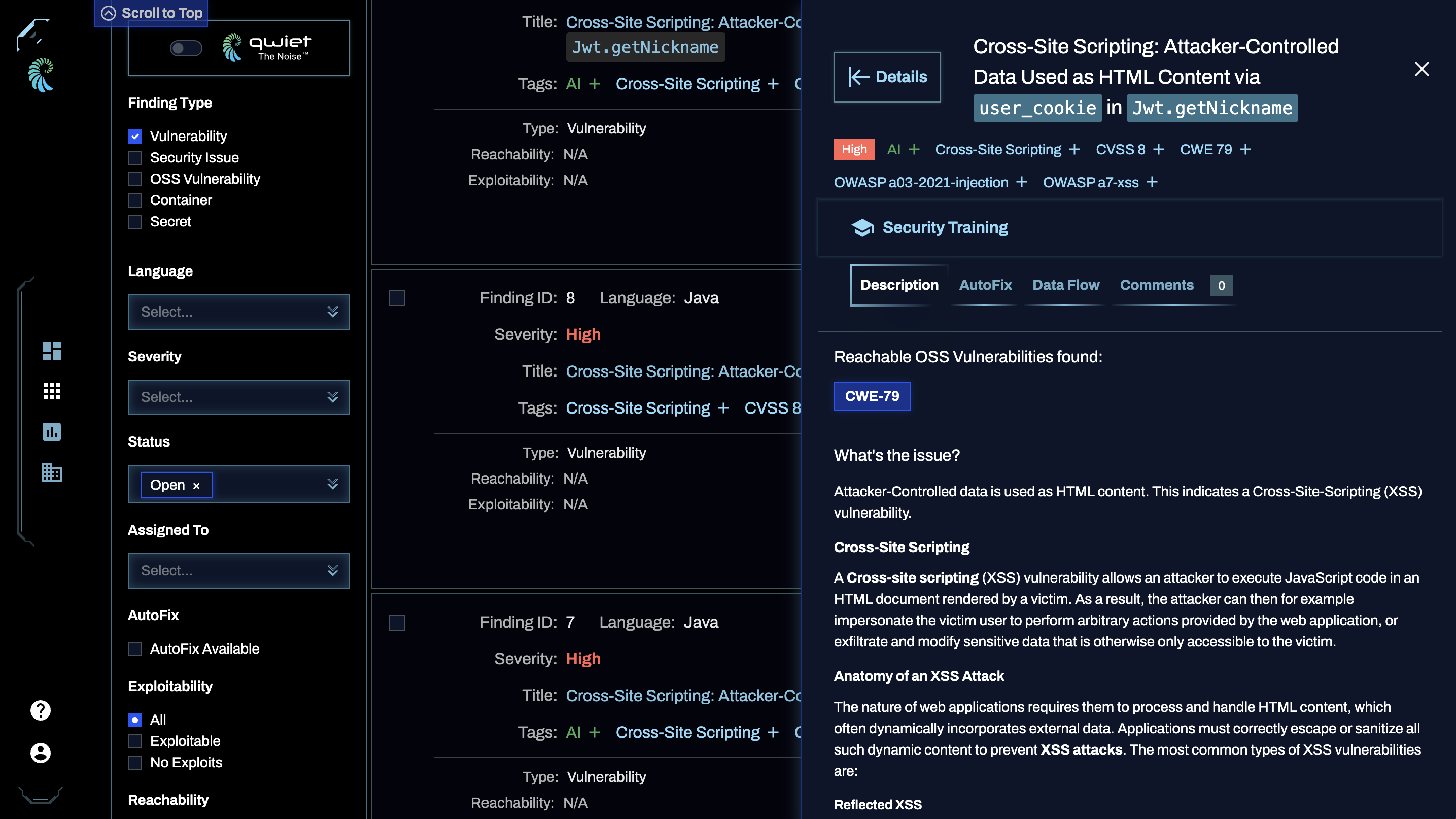 View of the Qwiet AI dashboard's vulnerability list showing the tagged ML-derived findings