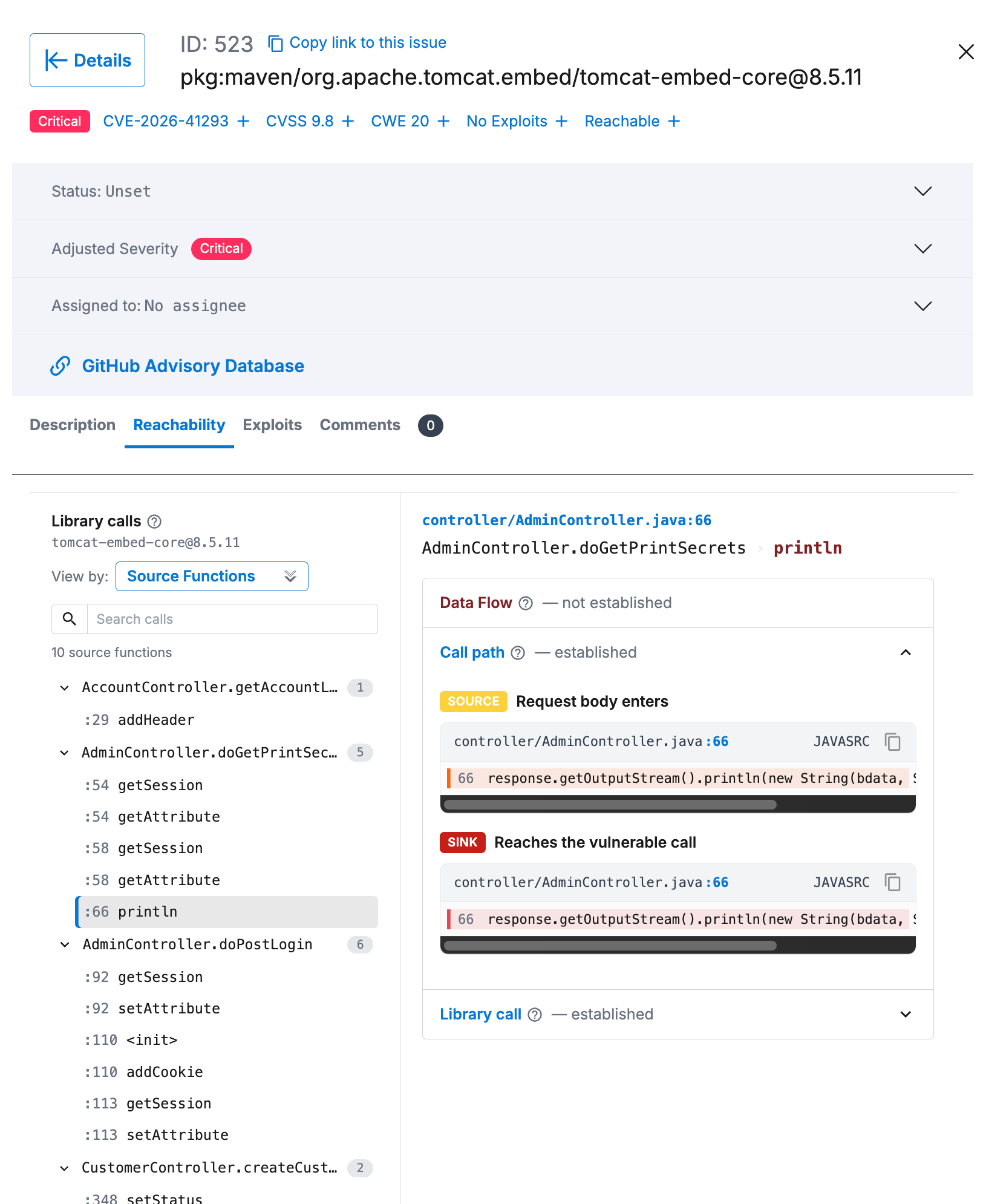 Reachability information for SCA findings