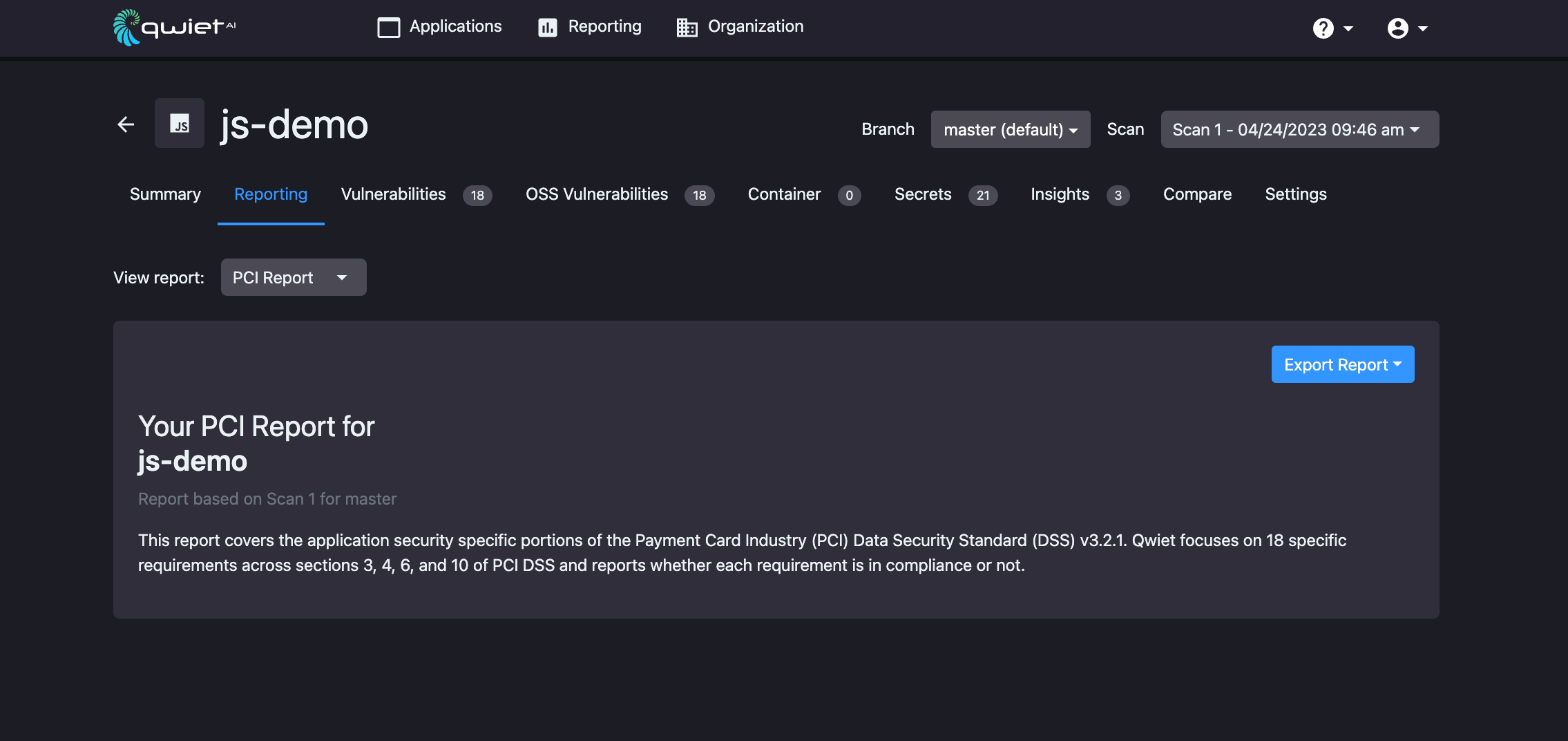 Dashboard screen to generate PCI report