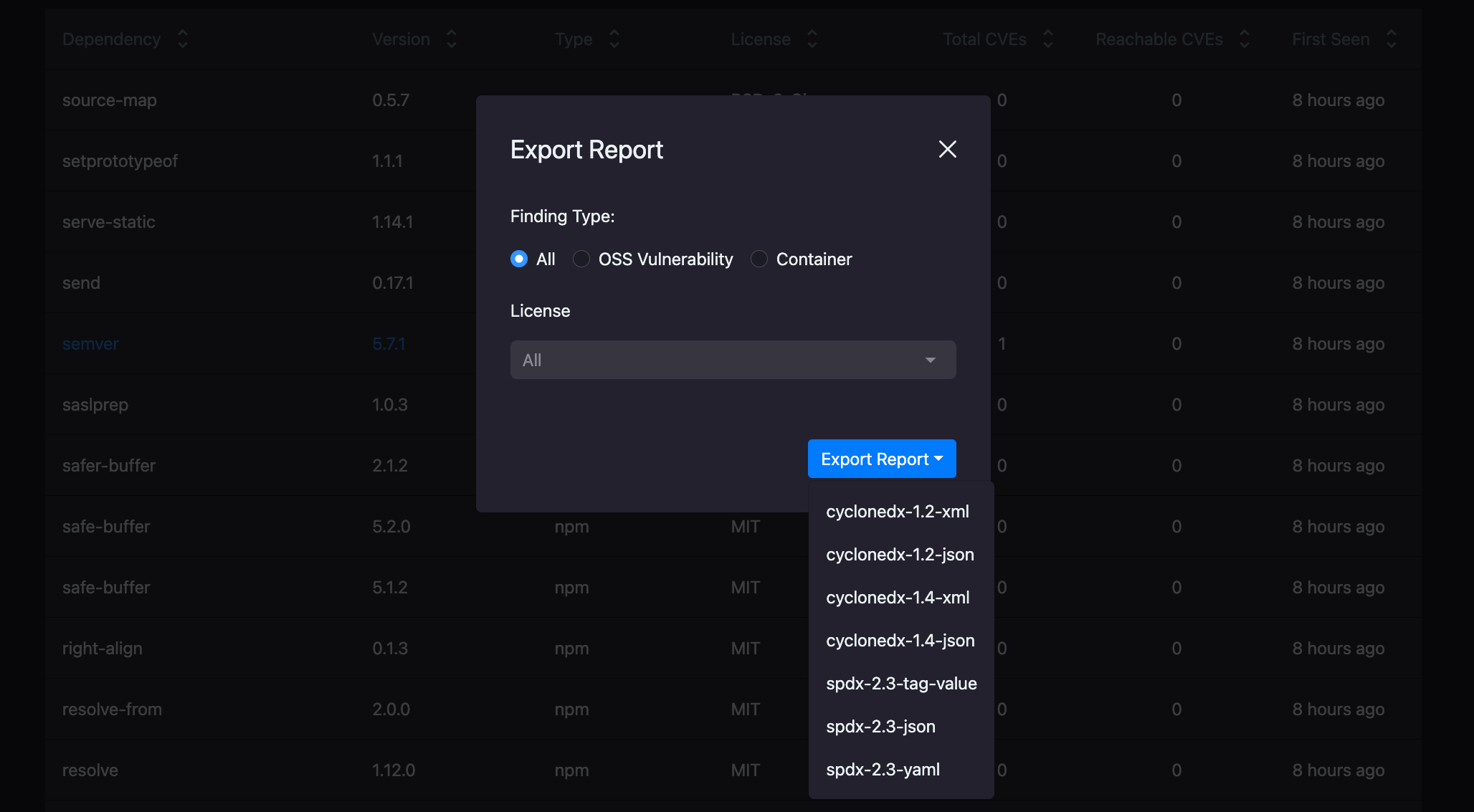 Dashboard screen showing the SBOM report export options