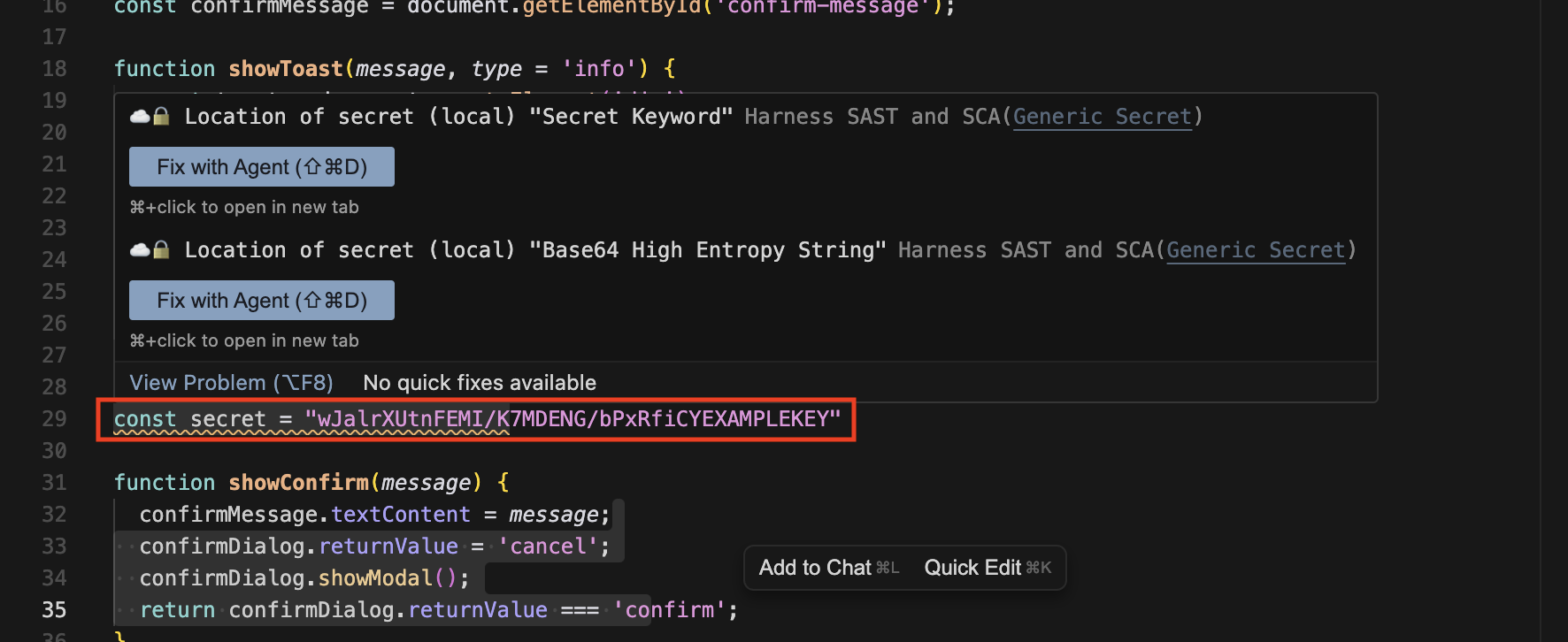 Hardcoded secrets flagged inline by Harness SAST and SCA after a post-edit hook