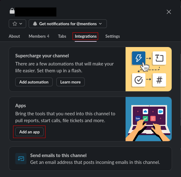 Slack integrations panel