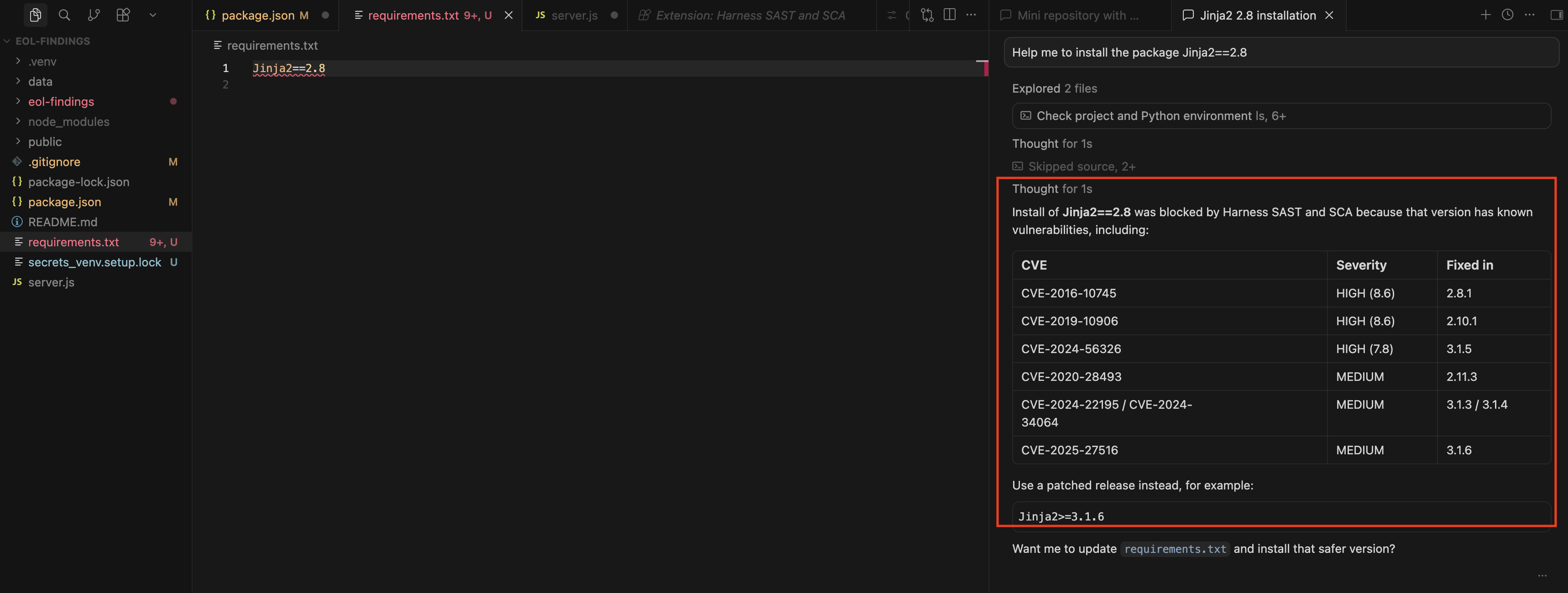 Harness SAST and SCA blocking installation of a vulnerable package and suggesting a safer version